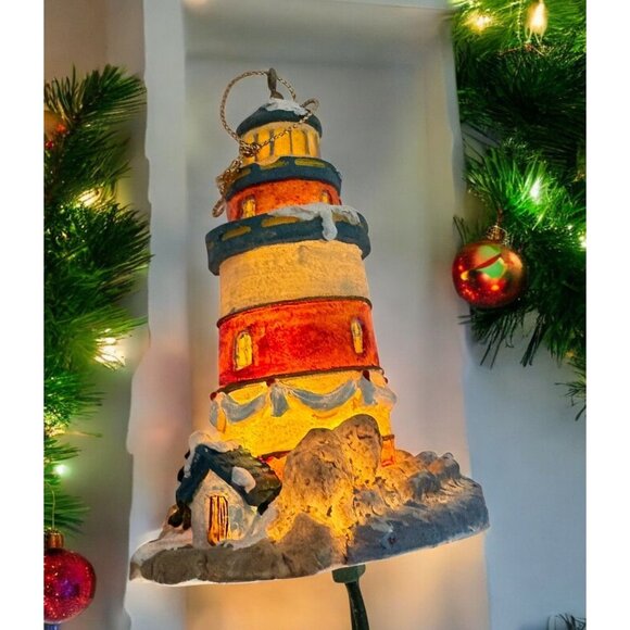 Vintage Lighthouse Christmas Tree Ornament Snowy Beach Light Up Feature - Picture 1 of 8